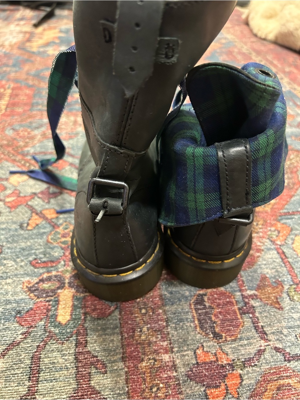 Dr. Martens Black Leather Boots with Green & Blue Tartan - Picture 3 of 5